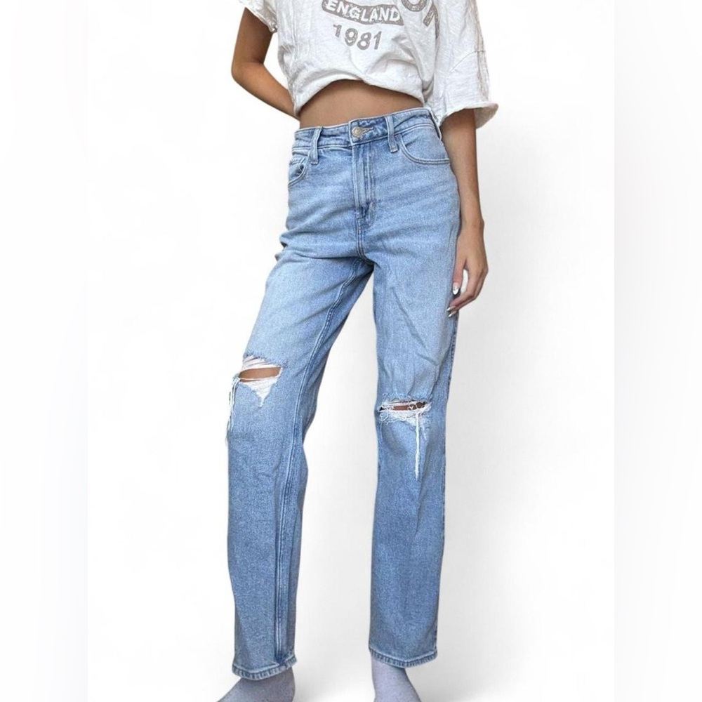 Light Blue High-Rise Distressed Straight-Leg Jeans